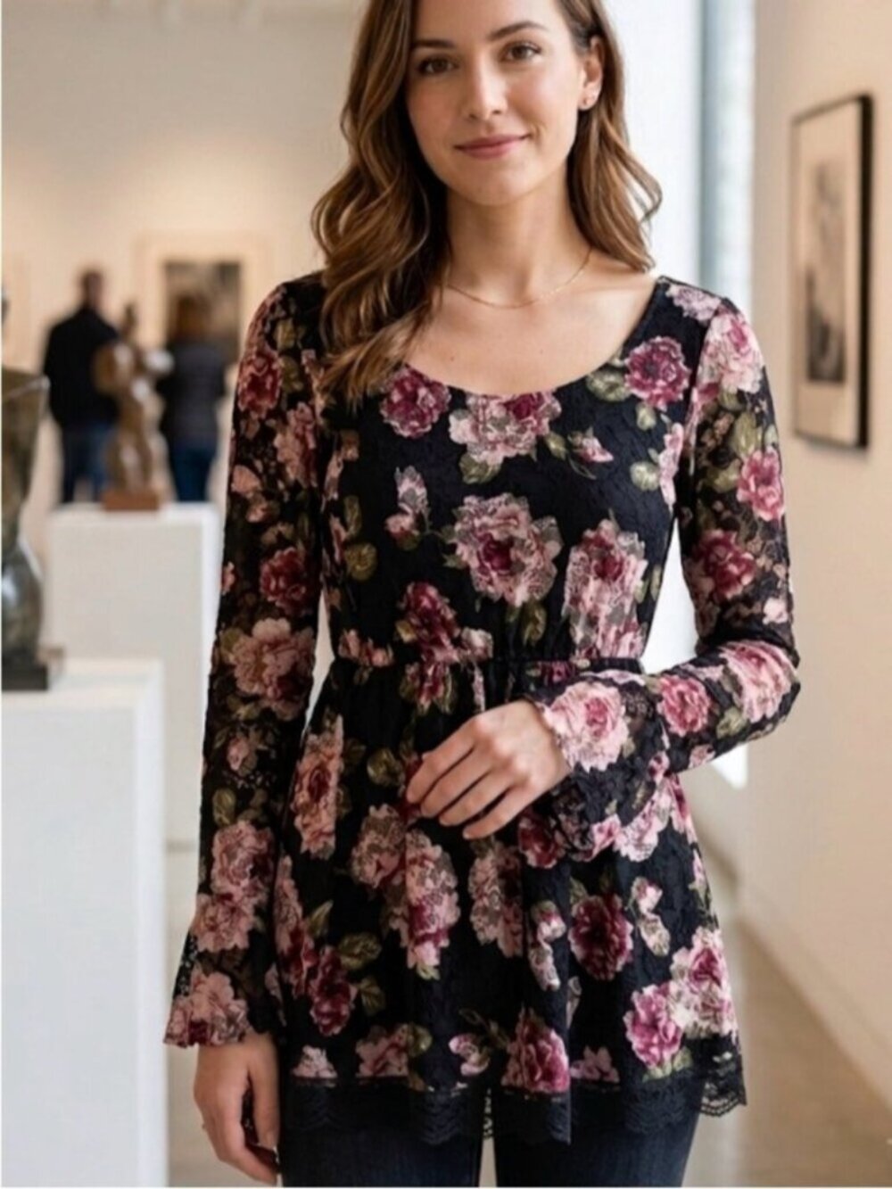Floral Lace Long-Sleeve Peplum Top Dress in Black and Pink